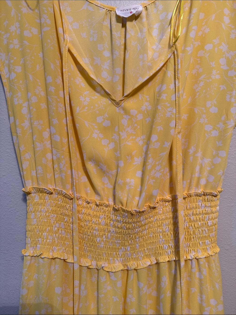 Sienna Sky Yellow Floral Smocked Waist Midi Dress with Tie Neck - Picture 6 of 7